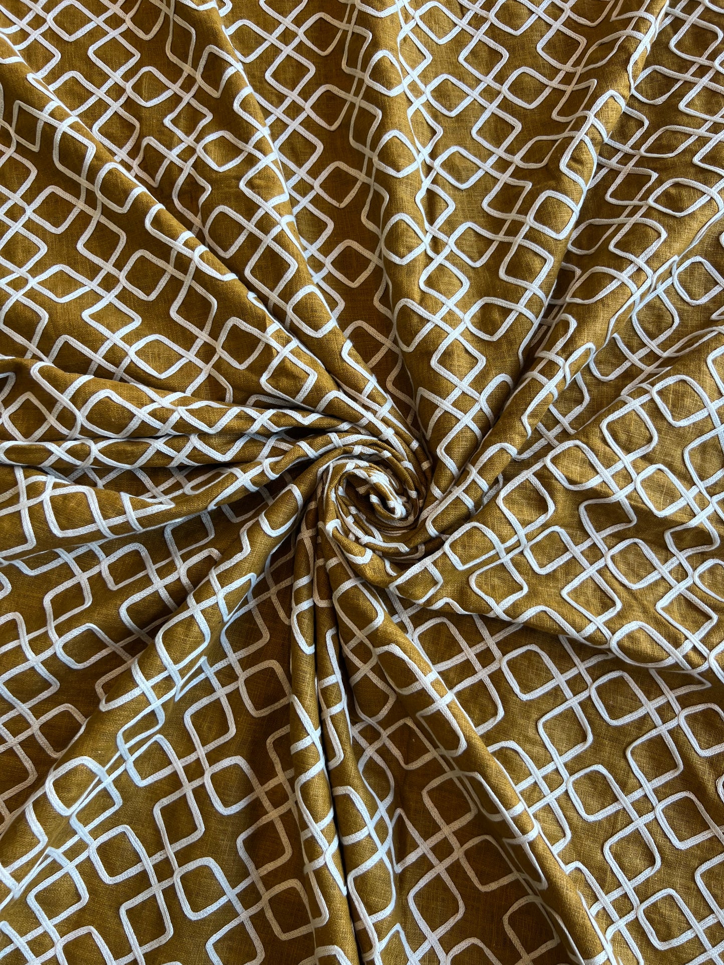 Mustard Dori Work Embroidered Cotton Linen Fabric