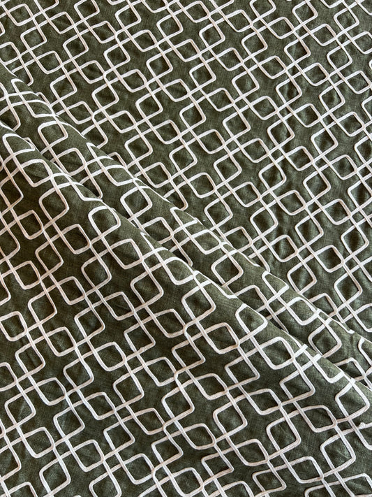 Green Dori Work Embroidered Cotton Linen Fabric