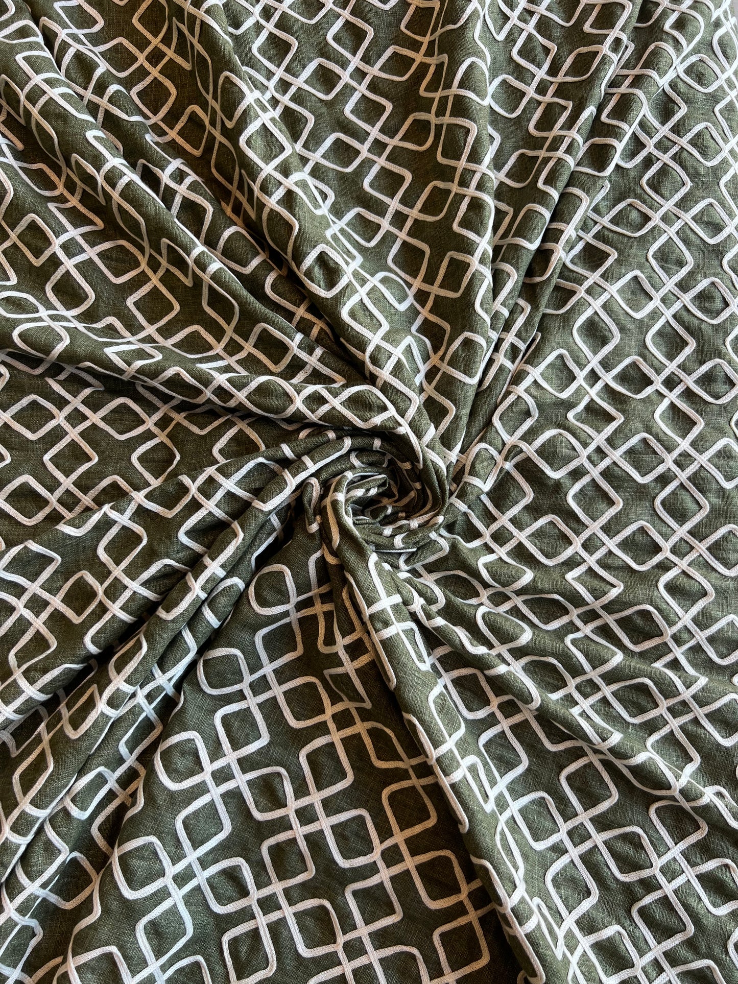 Green Dori Work Embroidered Cotton Linen Fabric