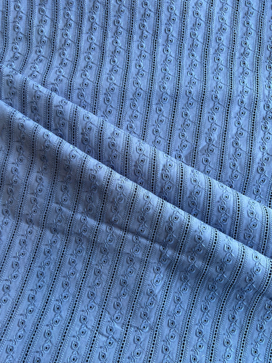 Blue Self Embroidered Cut Work Cotton Fabric