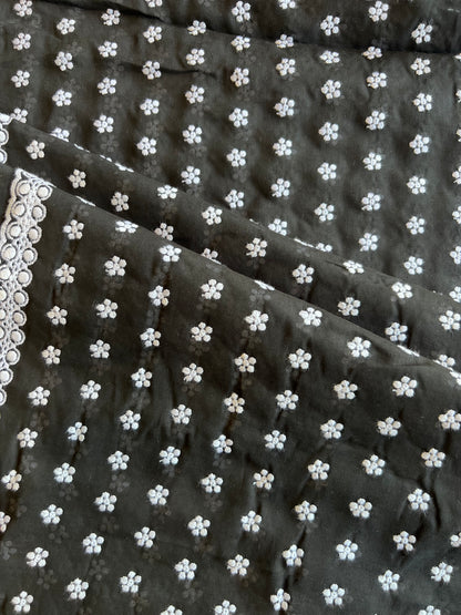 Black and White Buti Embroidered Cotton Voile Fabric