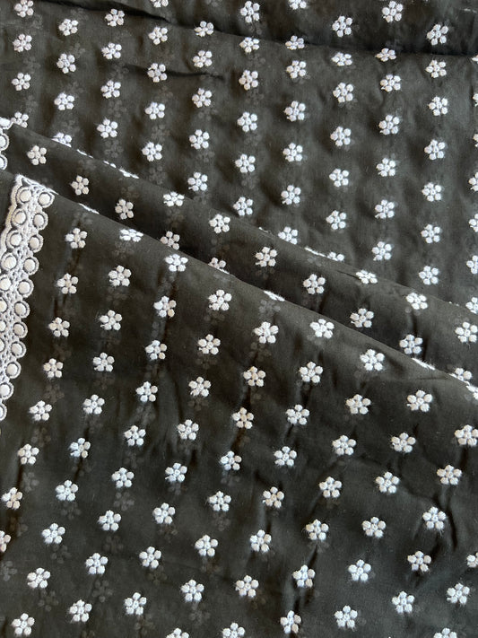 Black and White Buti Embroidered Cotton Voile Fabric