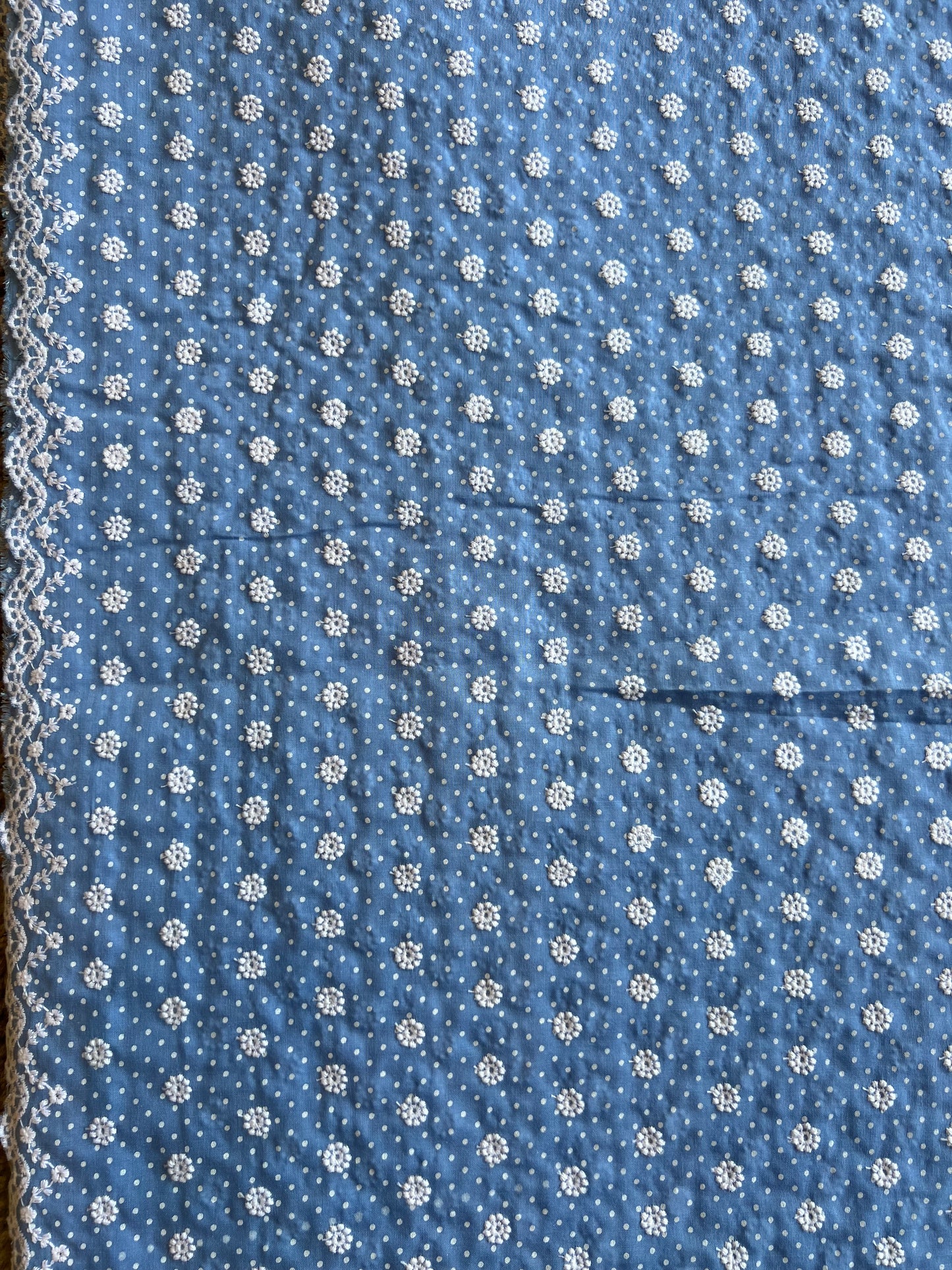 Sky Blue Polka Dots Embroidered Cotton Voile Fabric