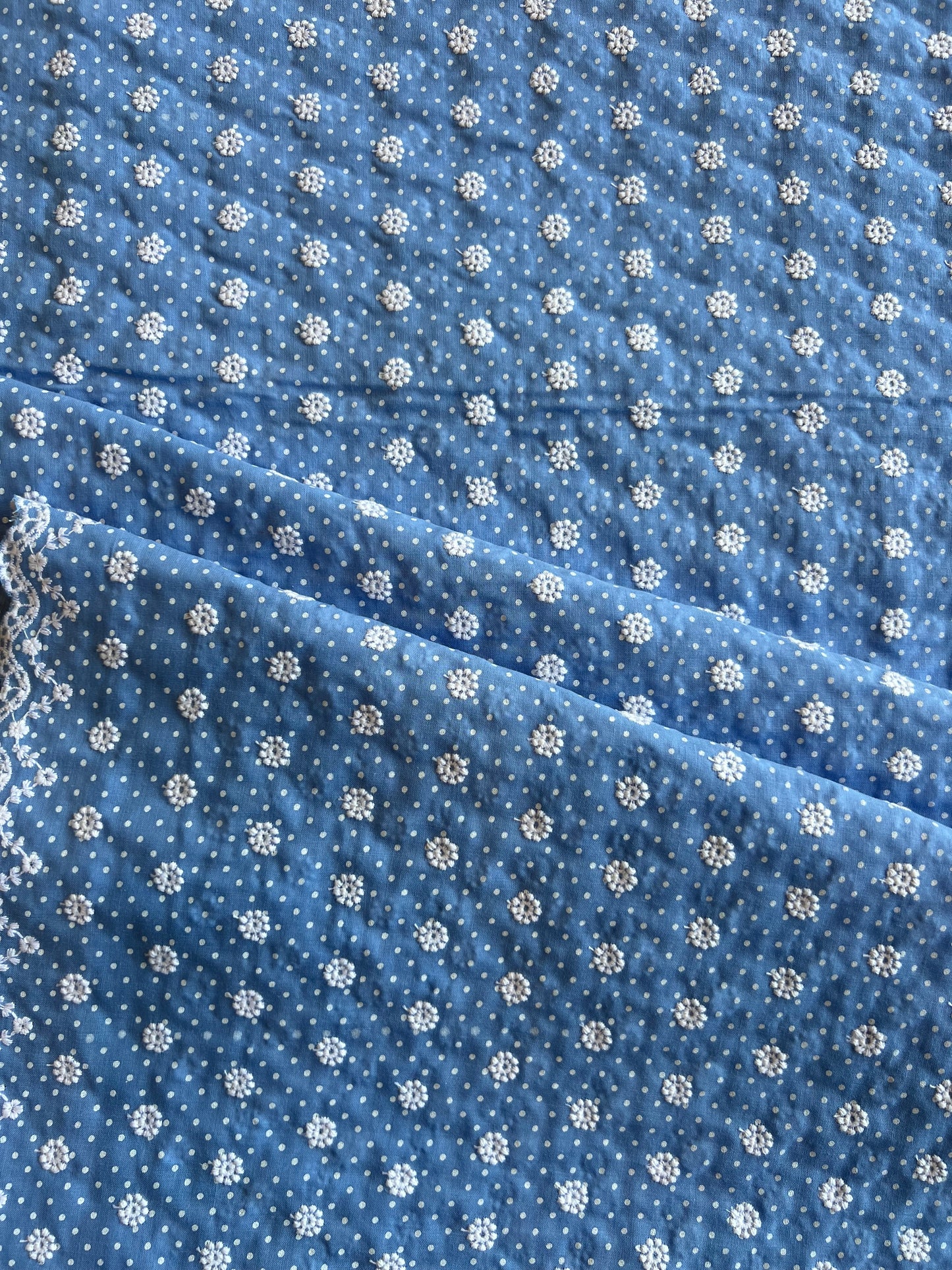 Sky Blue Polka Dots Embroidered Cotton Voile Fabric