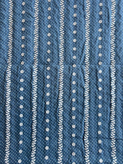 Blue Stripes and Buti Embroidered Cotton Voile Fabric