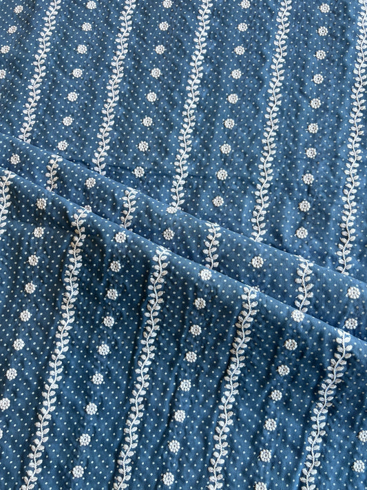 Blue Stripes and Buti Embroidered Cotton Voile Fabric