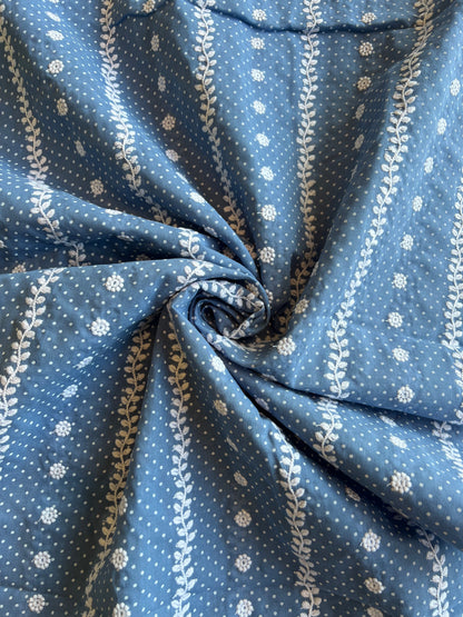 Blue Stripes and Buti Embroidered Cotton Voile Fabric