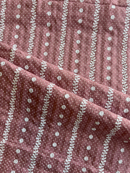 Wine Stripes and Buti Embroidered Cotton Voile Fabric