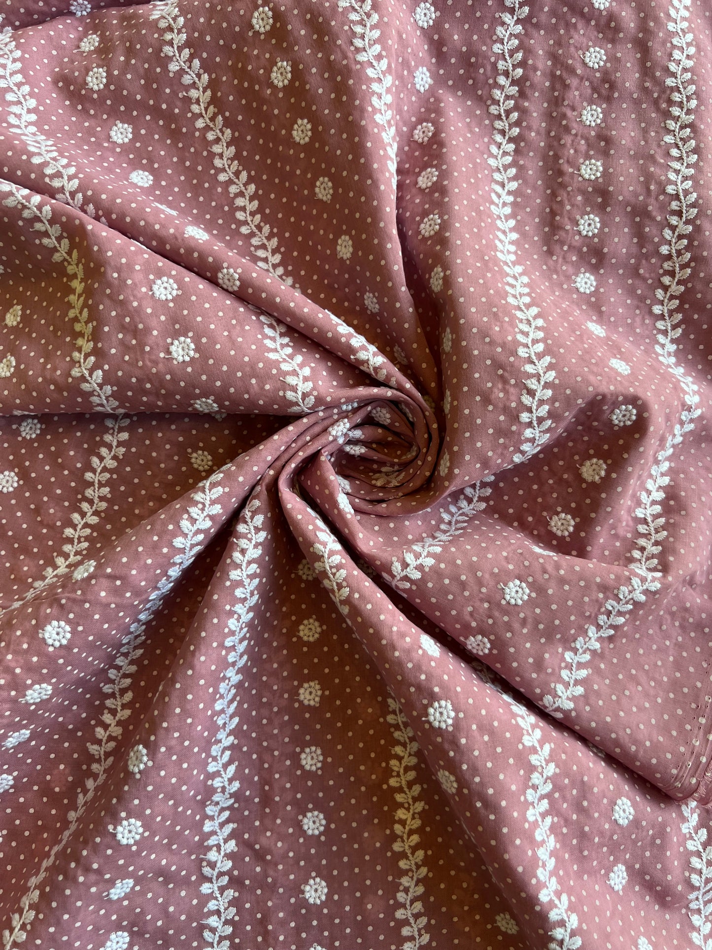 Wine Stripes and Buti Embroidered Cotton Voile Fabric
