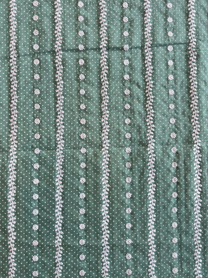 Green Stripes and Buti Embroidered Cotton Voile Fabric