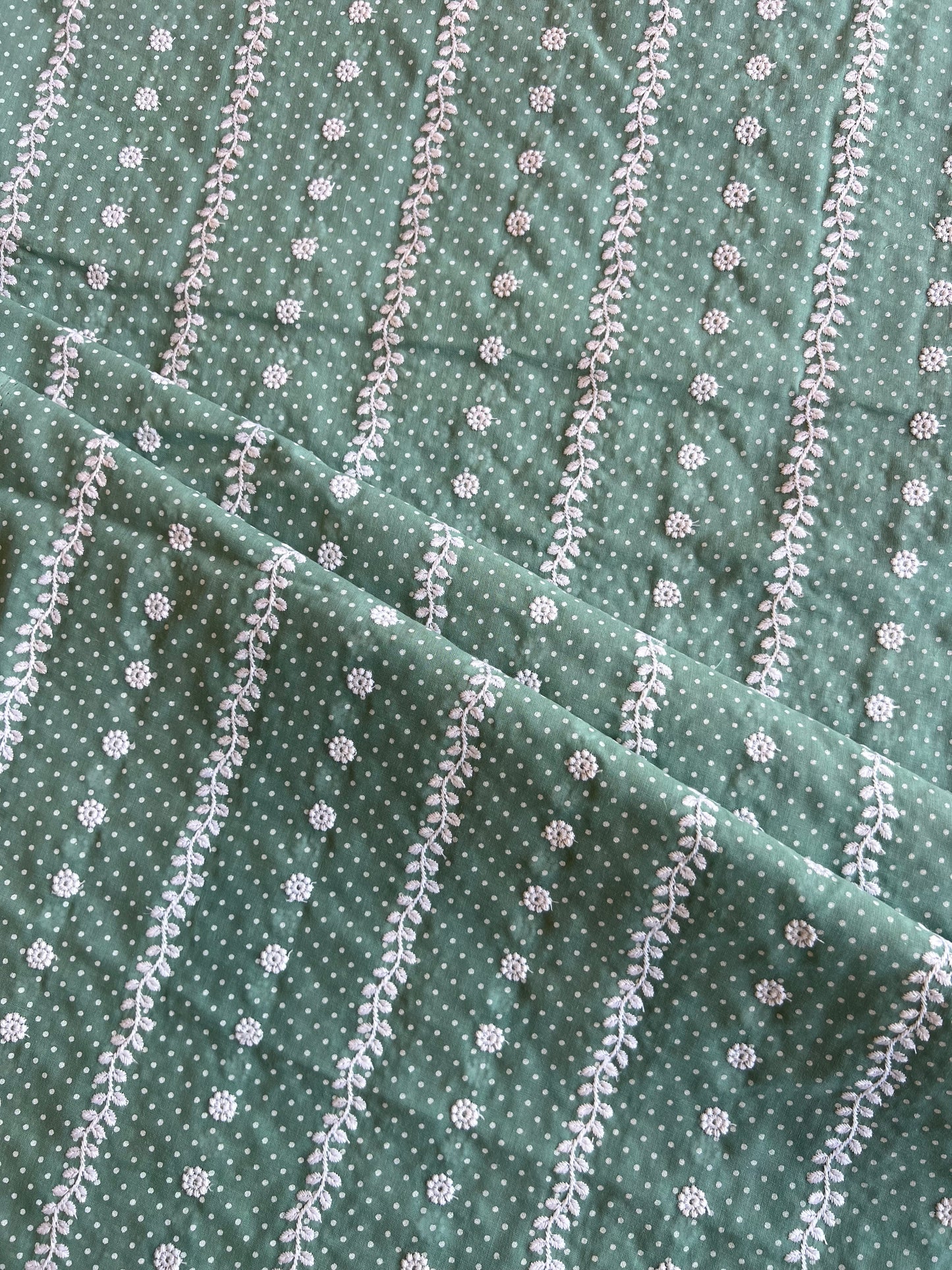 Green Stripes and Buti Embroidered Cotton Voile Fabric