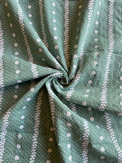 Green Stripes and Buti Embroidered Cotton Voile Fabric