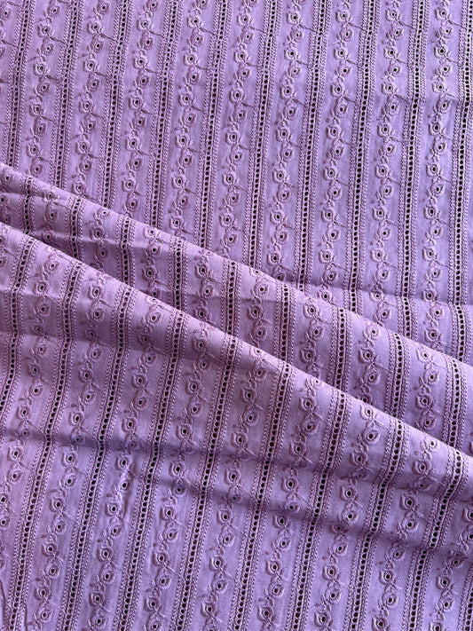 Wine Self Embroidered Cut Work Cotton Fabric