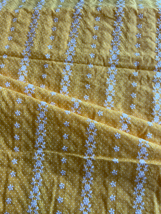 Yellow Stripes and Buti Embroidered Cotton Voile Fabric