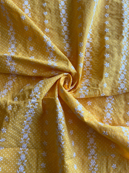 Yellow Stripes and Buti Embroidered Cotton Voile Fabric