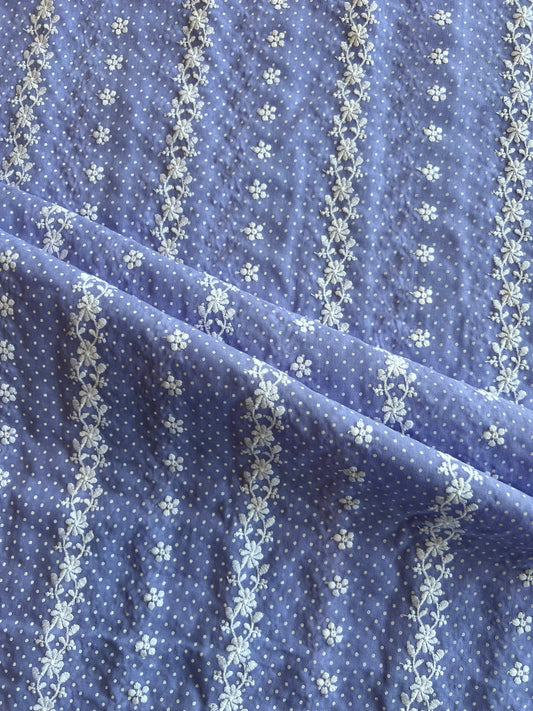 Lavander Stripes and Buti Embroidered Cotton Voile Fabric
