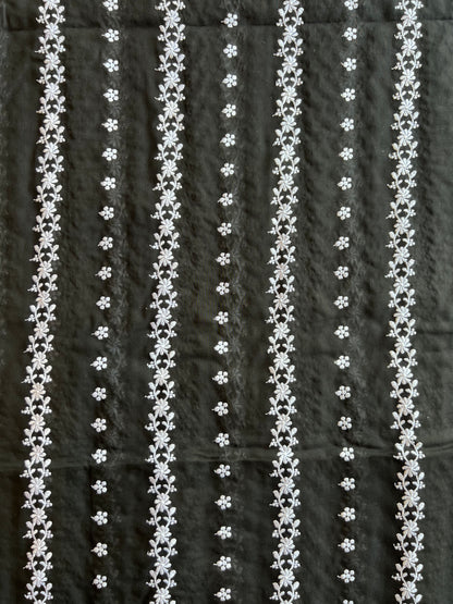 Black Stripes and Buti Embroidered Cotton Voile Fabric