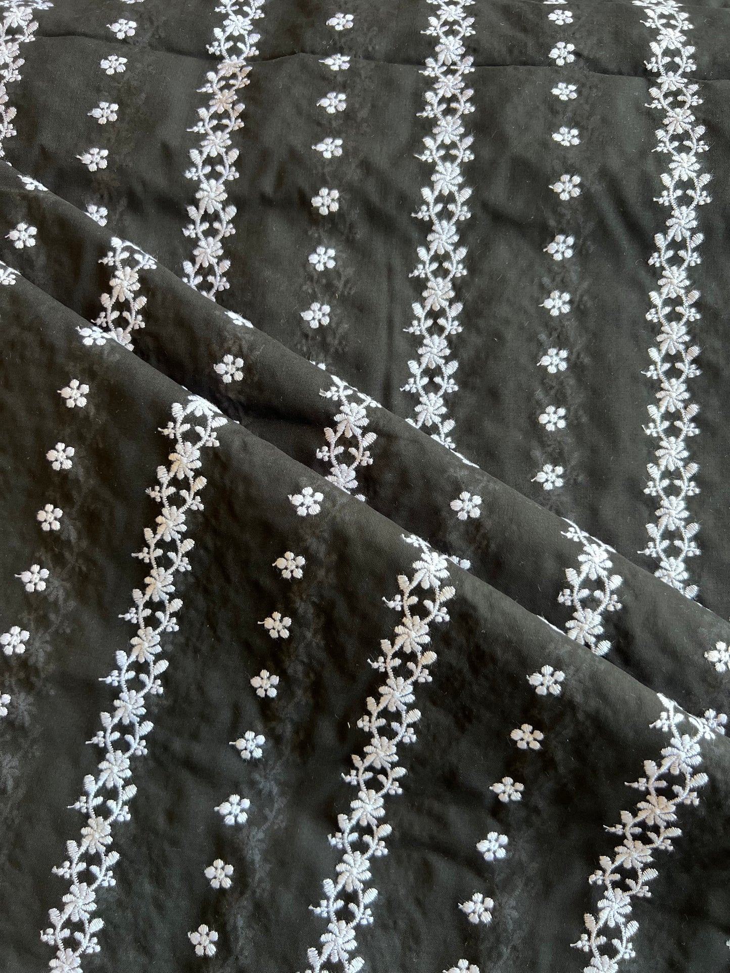 Black Stripes and Buti Embroidered Cotton Voile Fabric