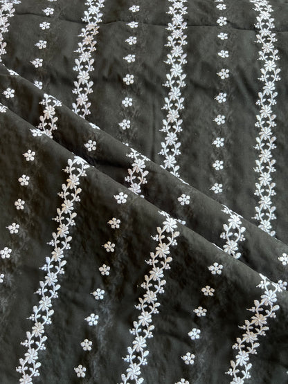 Black Stripes and Buti Embroidered Cotton Voile Fabric