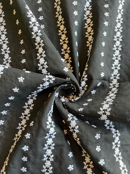 Black Stripes and Buti Embroidered Cotton Voile Fabric
