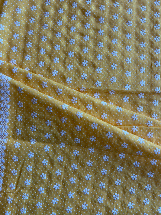 Yellow Polka Dots Buti Embroidered Cotton Voile Fabric