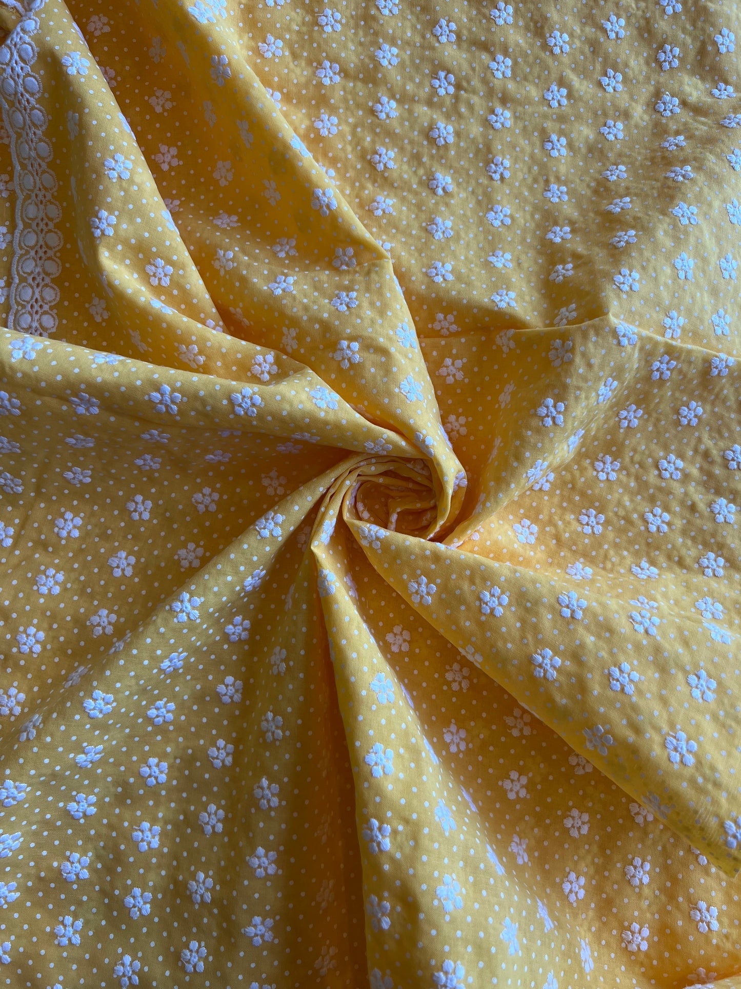 Yellow Polka Dots Buti Embroidered Cotton Voile Fabric