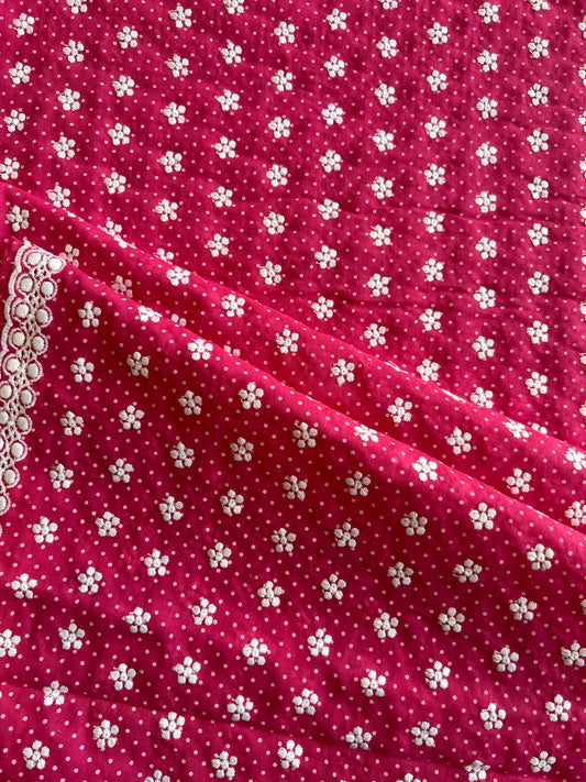 Pink Polka Dots Buti Embroidered Cotton Voile Fabric