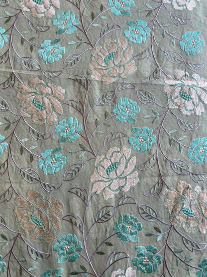 Olive Green Floral Embroidered 2 by 2 Rubia Fabric