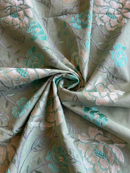 Olive Green Floral Embroidered 2 by 2 Rubia Fabric