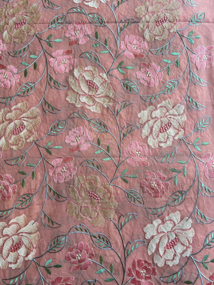 Peach Floral Embroidered 2 by 2 Rubia Fabric