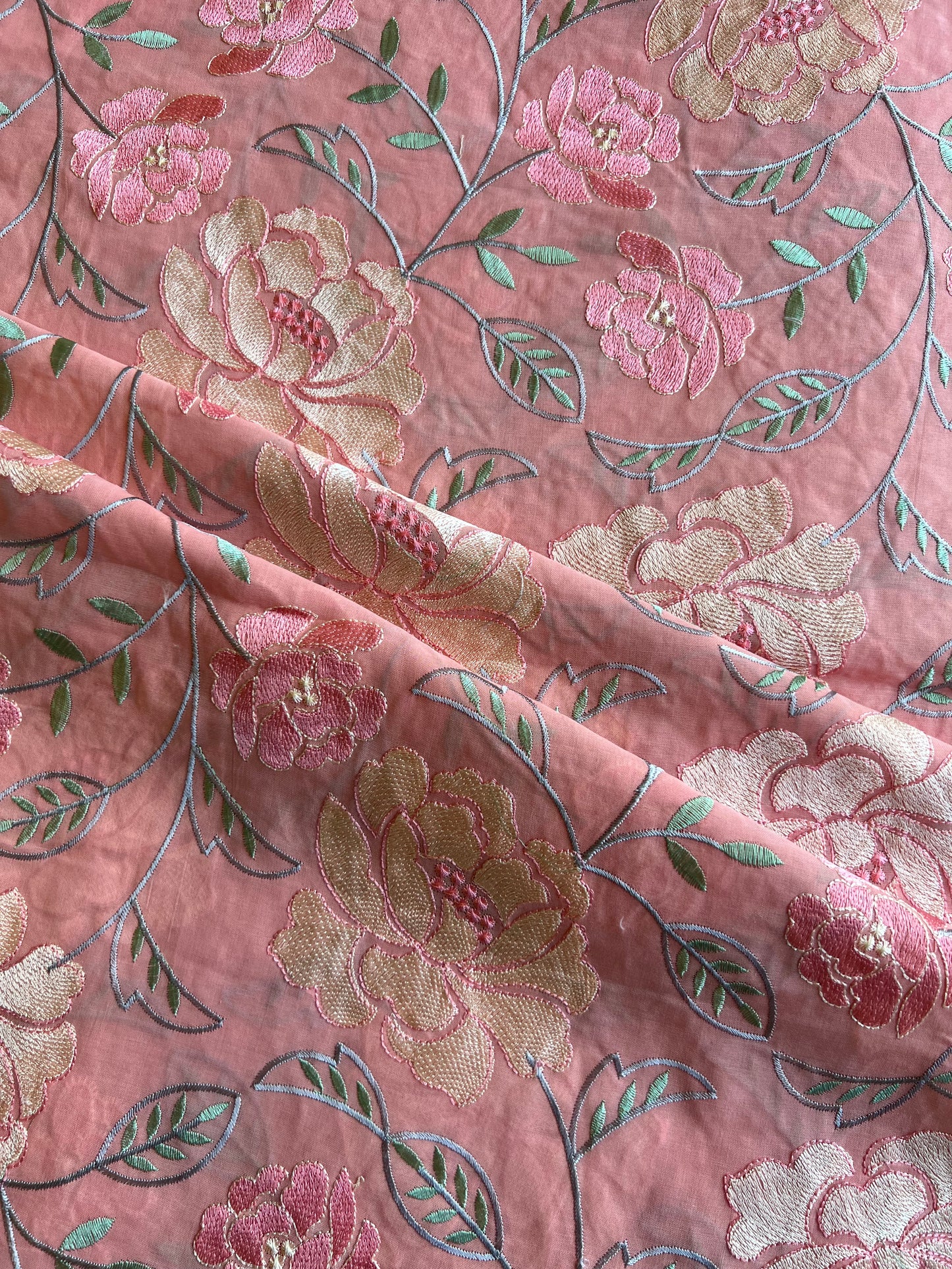 Peach Floral Embroidered 2 by 2 Rubia Fabric