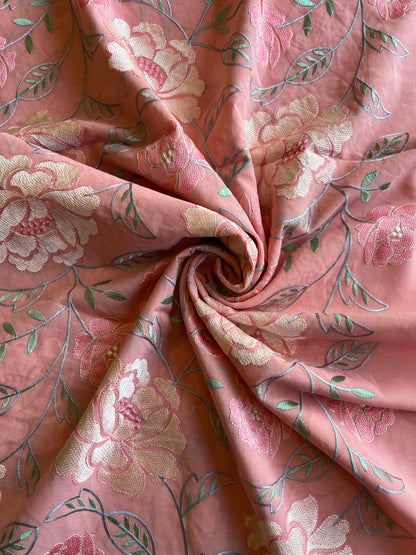 Peach Floral Embroidered 2 by 2 Rubia Fabric