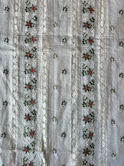White Green Buti Embroidered Patch Work Kota Doriya Fabric