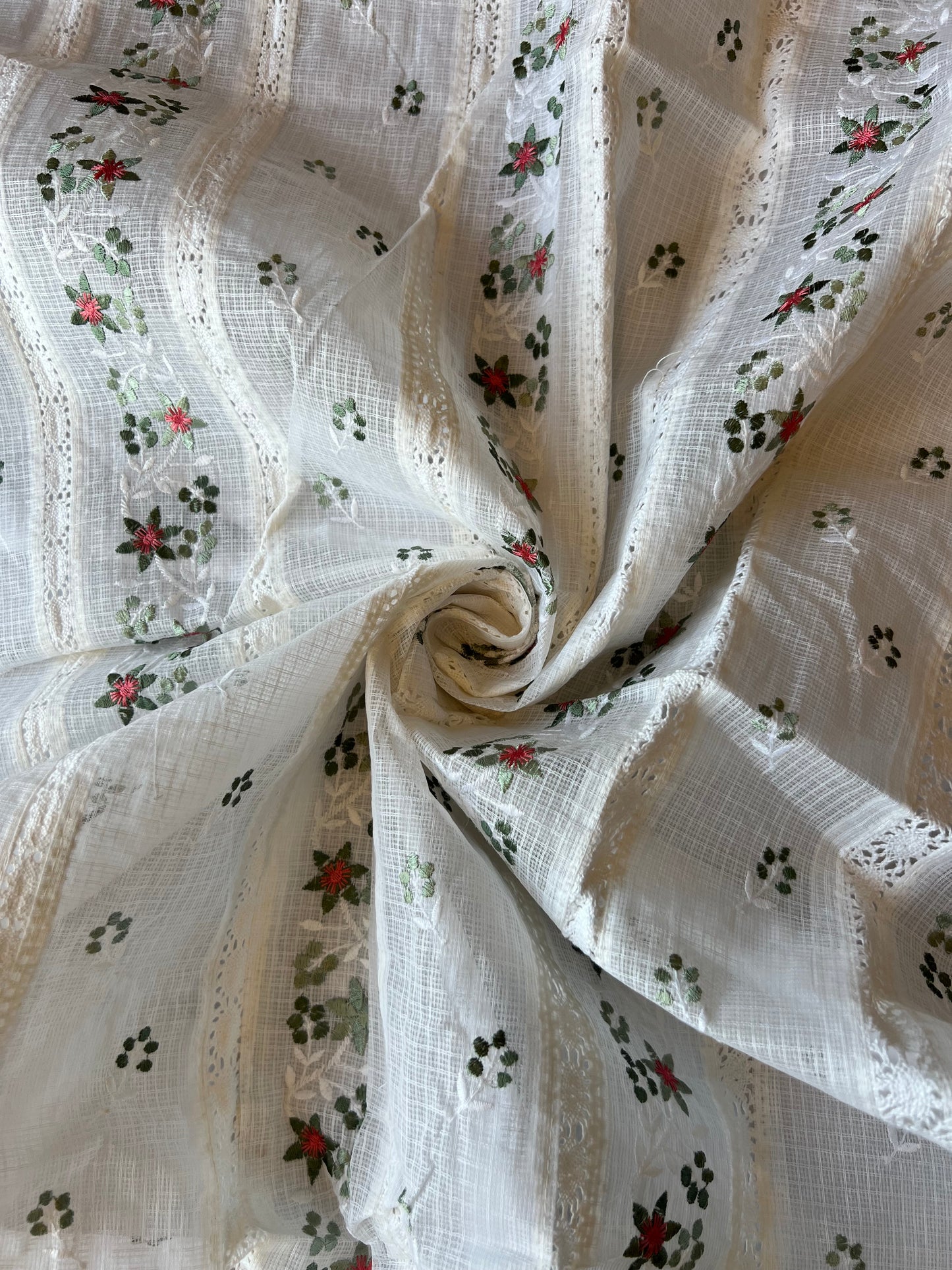 White Green Buti Embroidered Patch Work Kota Doriya Fabric