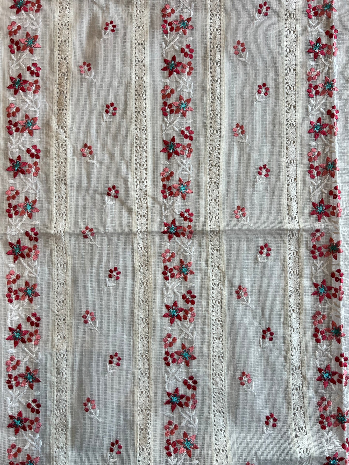 White Pink Buti Embroidered Patch Work Kota Doriya Fabric