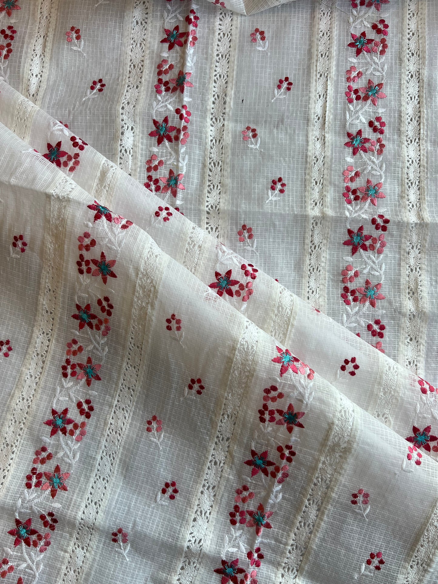 White Pink Buti Embroidered Patch Work Kota Doriya Fabric