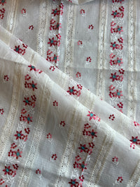 White Pink Buti Embroidered Patch Work Kota Doriya Fabric