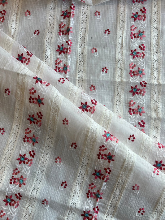 White Pink Buti Embroidered Patch Work Kota Doriya Fabric