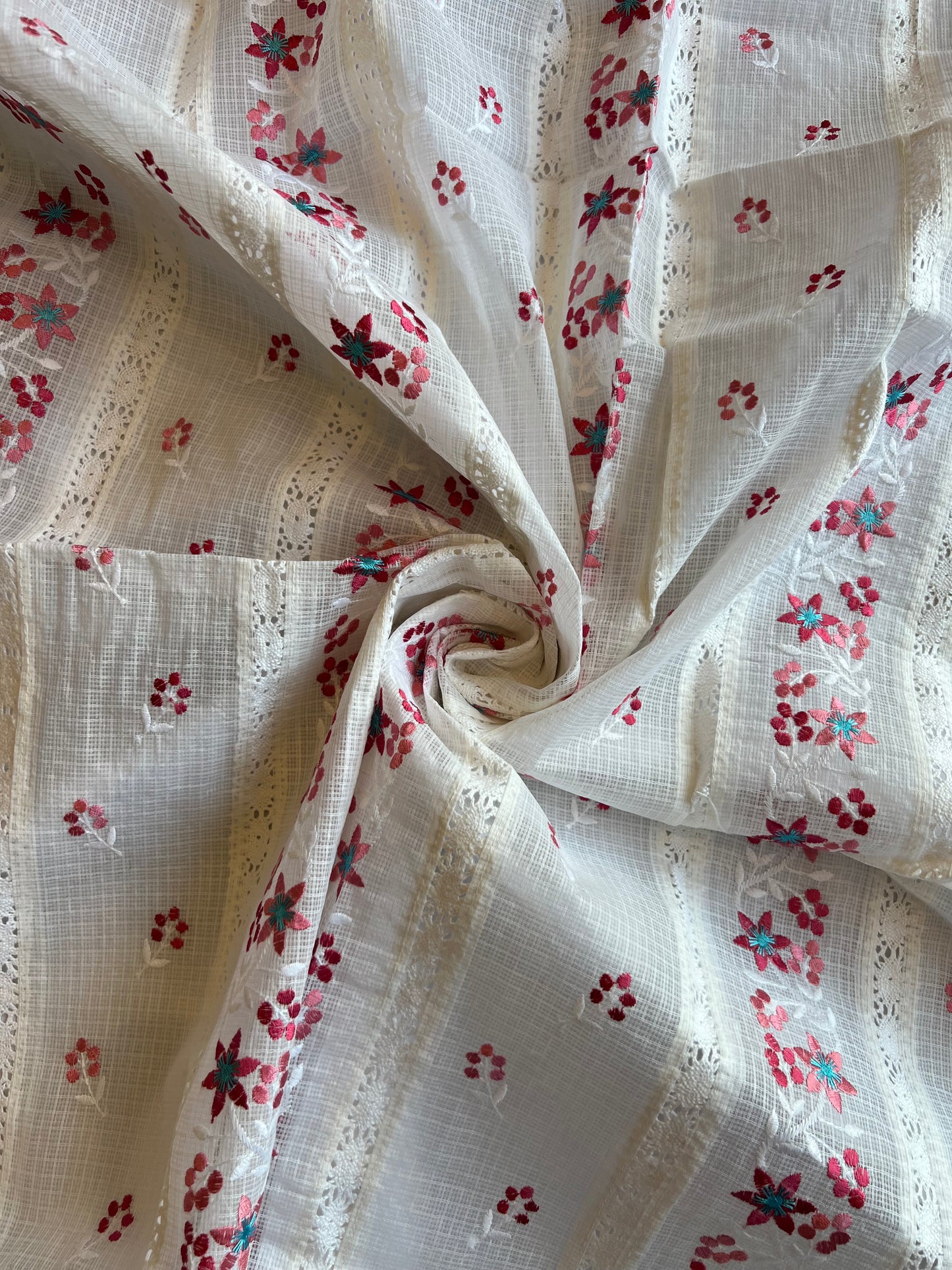 White Pink Buti Embroidered Patch Work Kota Doriya Fabric