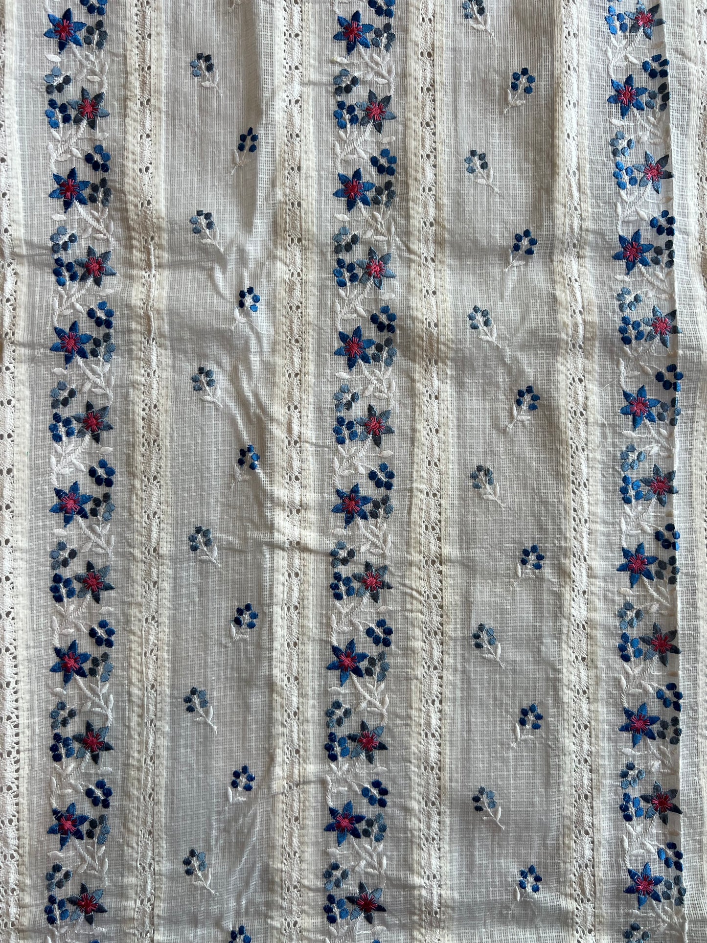 White Blue Buti Embroidered Patch Work Kota Doriya Fabric