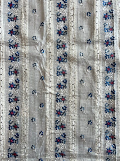 White Blue Buti Embroidered Patch Work Kota Doriya Fabric