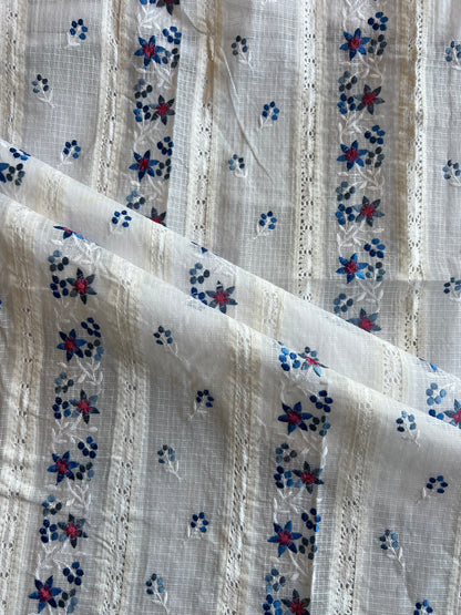White Blue Buti Embroidered Patch Work Kota Doriya Fabric