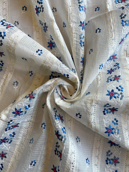 White Blue Buti Embroidered Patch Work Kota Doriya Fabric