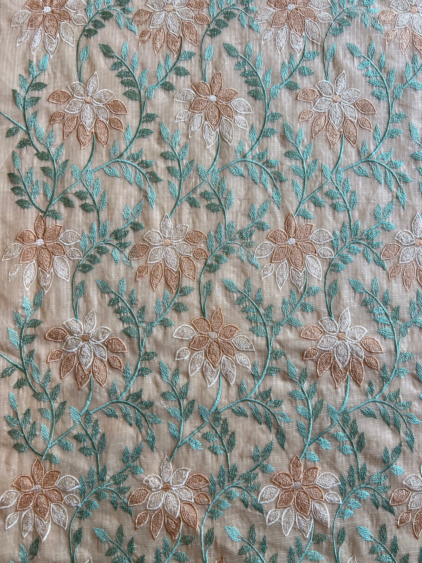 Beige Floral Embroidered Kota Doriya Fabric