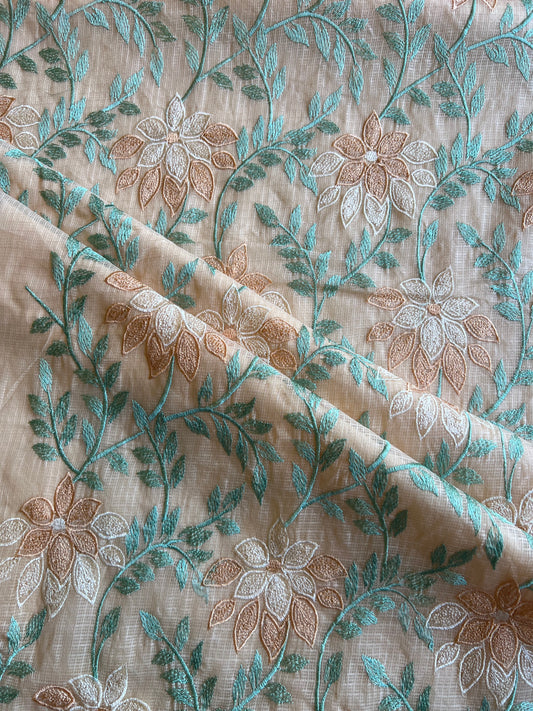 Beige Floral Embroidered Kota Doriya Fabric
