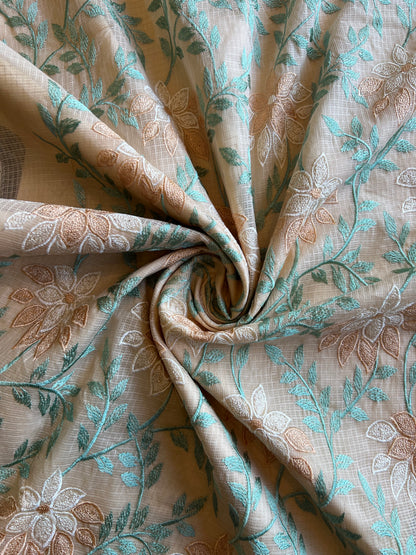 Beige Floral Embroidered Kota Doriya Fabric