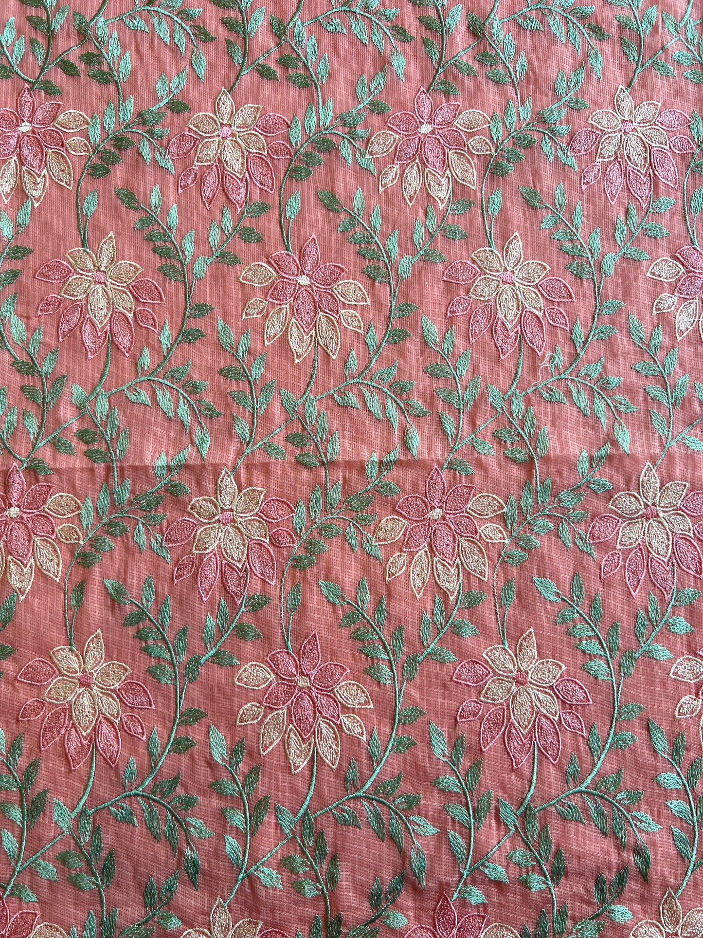 Peach Floral Embroidered Kota Doriya Fabric