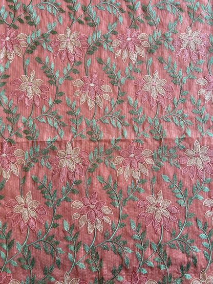Peach Floral Embroidered Kota Doriya Fabric