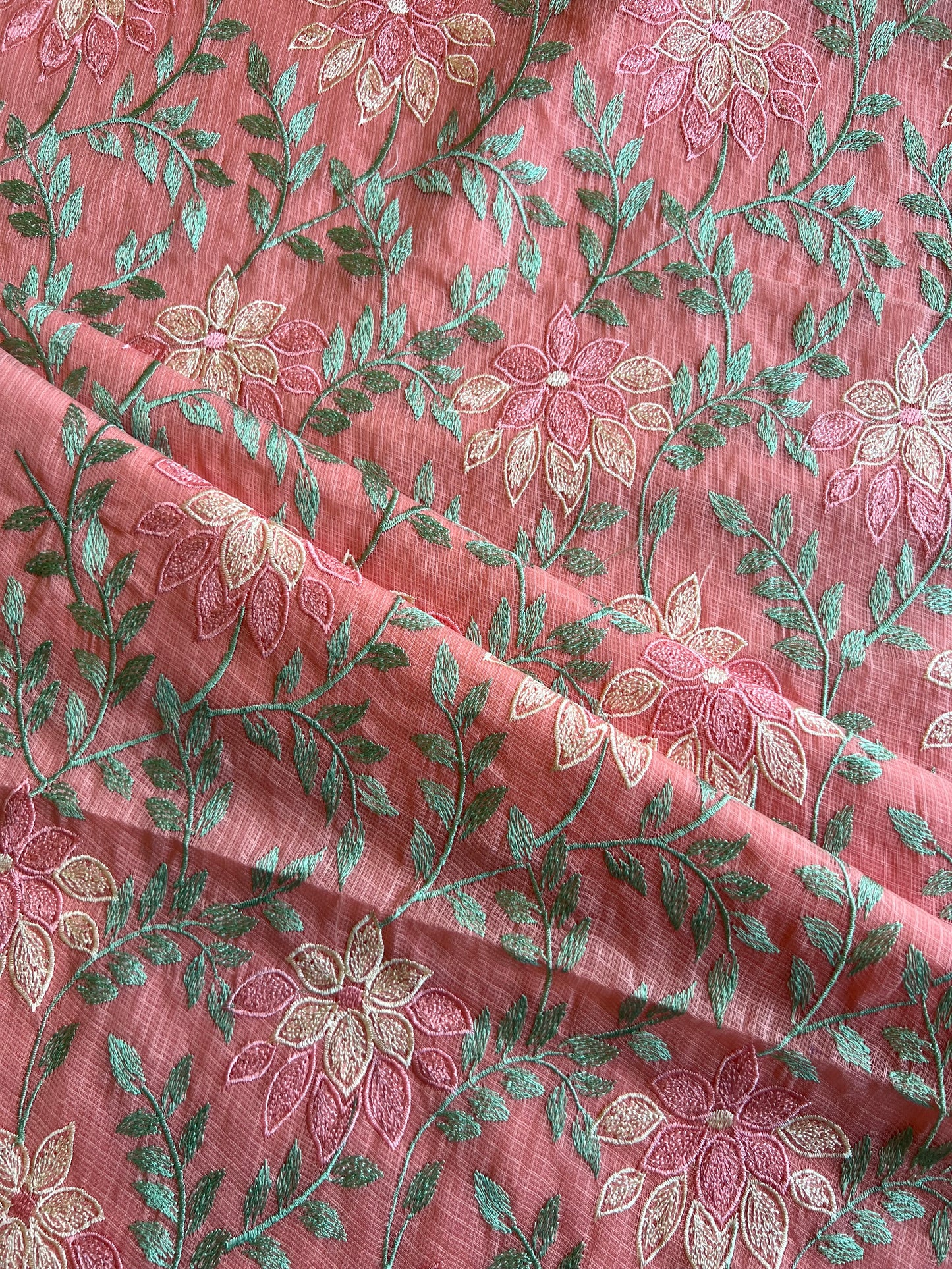 Peach Floral Embroidered Kota Doriya Fabric