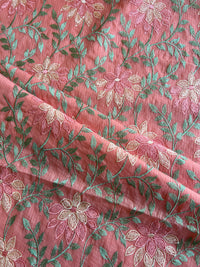 Peach Floral Embroidered Kota Doriya Fabric